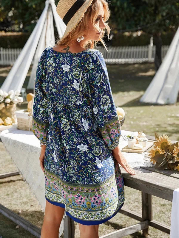 Vestito corto bohémien donna stampato floreale scollo a V maniche 3/4