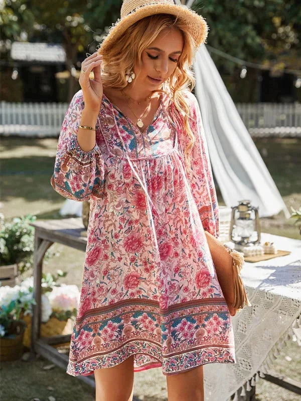 Vestito corto bohémien donna stampato floreale scollo a V maniche 3/4