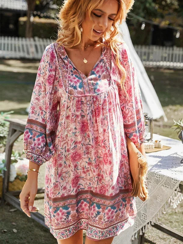 Vestito corto bohémien donna stampato floreale scollo a V maniche 3/4