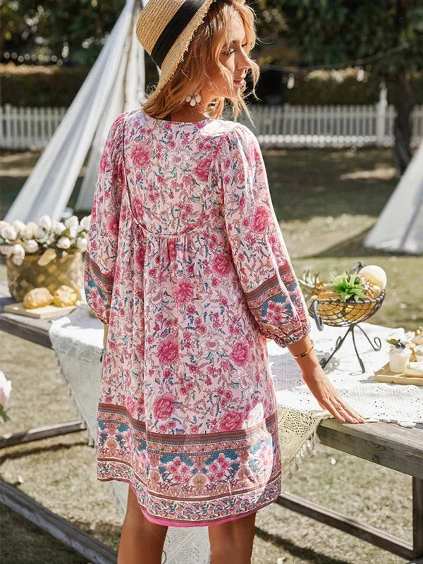 Vestito corto bohémien donna stampato floreale scollo a V maniche 3/4