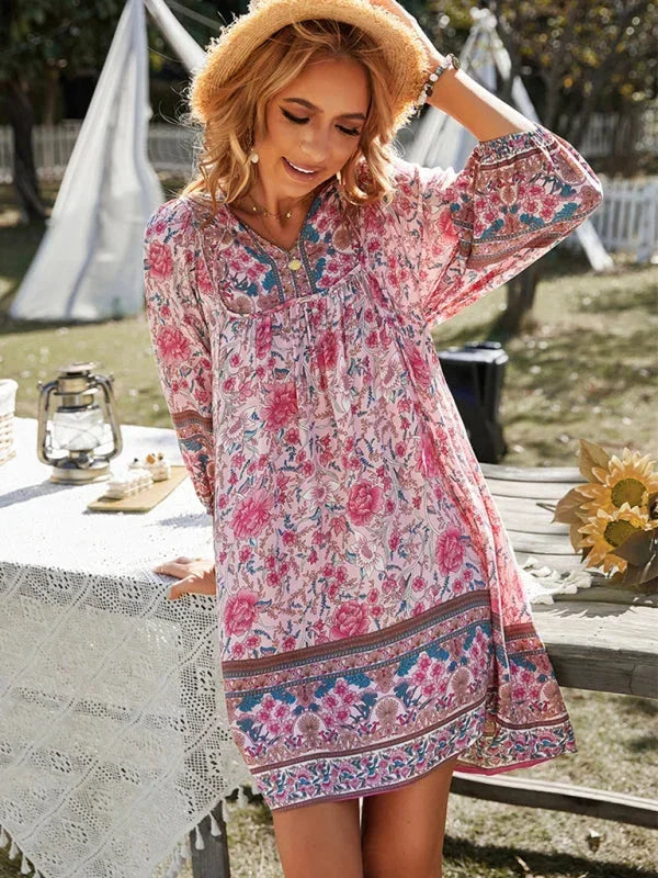 Vestito corto bohémien donna stampato floreale scollo a V maniche 3/4