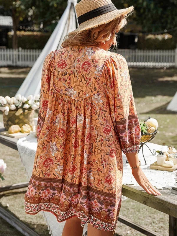 Vestito corto bohémien donna stampato floreale scollo a V maniche 3/4