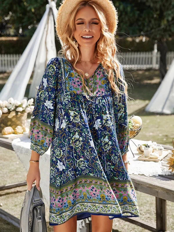 Vestito corto bohémien donna stampato floreale scollo a V maniche 3/4