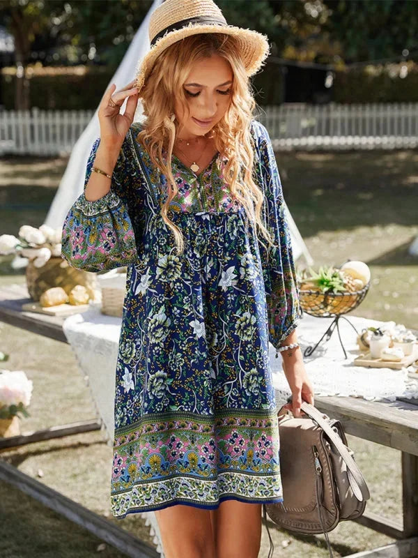 Vestito corto bohémien donna stampato floreale scollo a V maniche 3/4
