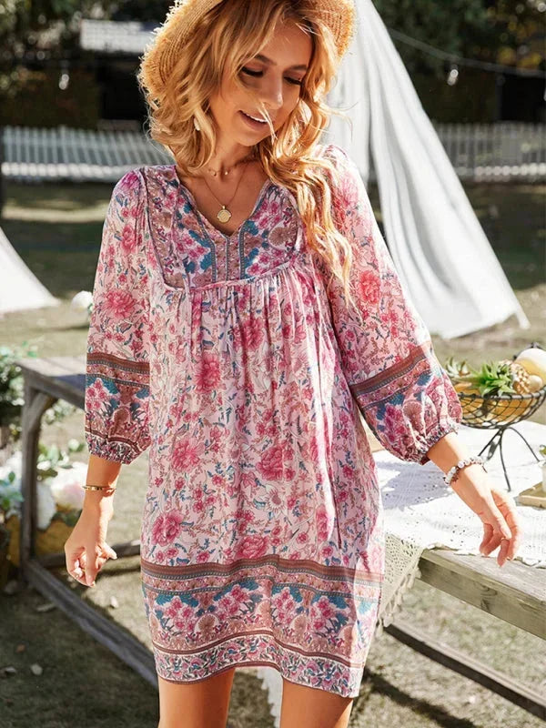 Vestito corto bohémien donna stampato floreale scollo a V maniche 3/4