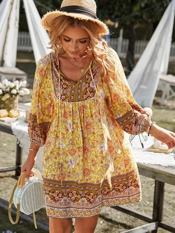Vestito corto bohémien donna stampato floreale scollo a V maniche 3/4