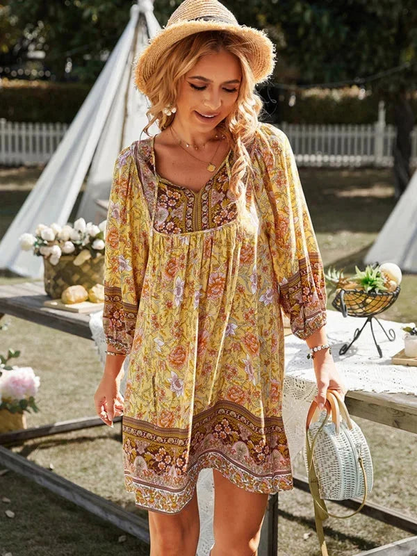 Vestito corto bohémien donna stampato floreale scollo a V maniche 3/4