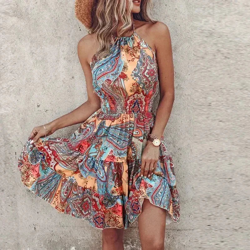 Vestito corto donna bohémien svasato a motivi schiena nuda