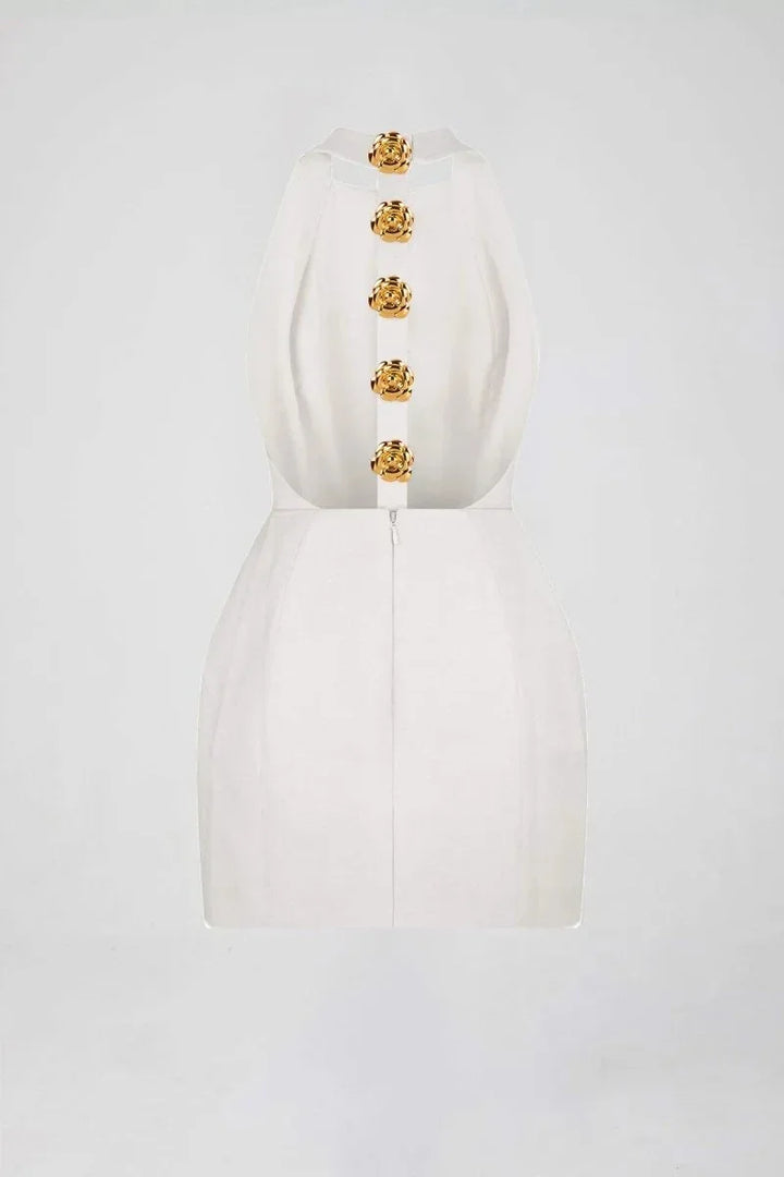 Vestito corto da sera con bottoni decorativi collo halter