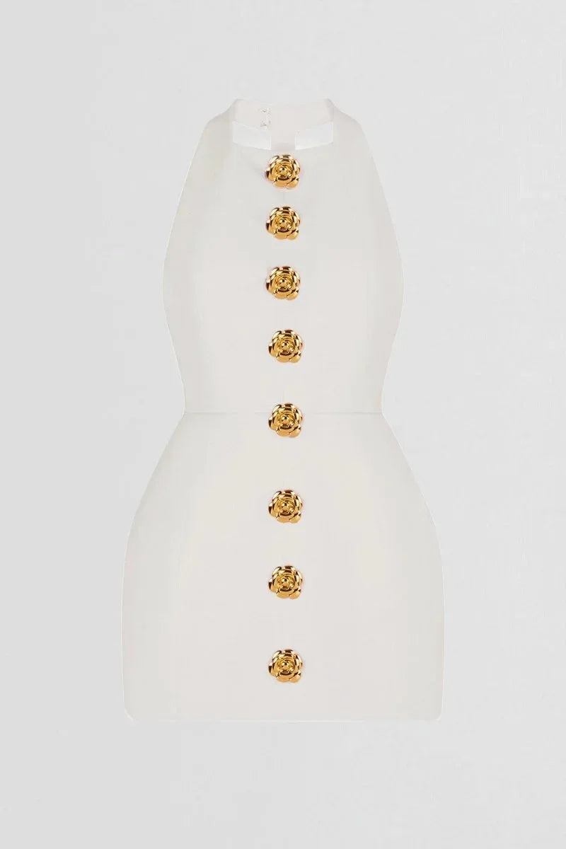 Vestito corto da sera con bottoni decorativi collo halter