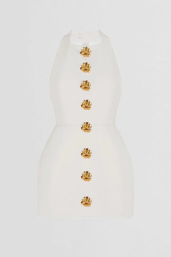 Vestito corto da sera con bottoni decorativi collo halter