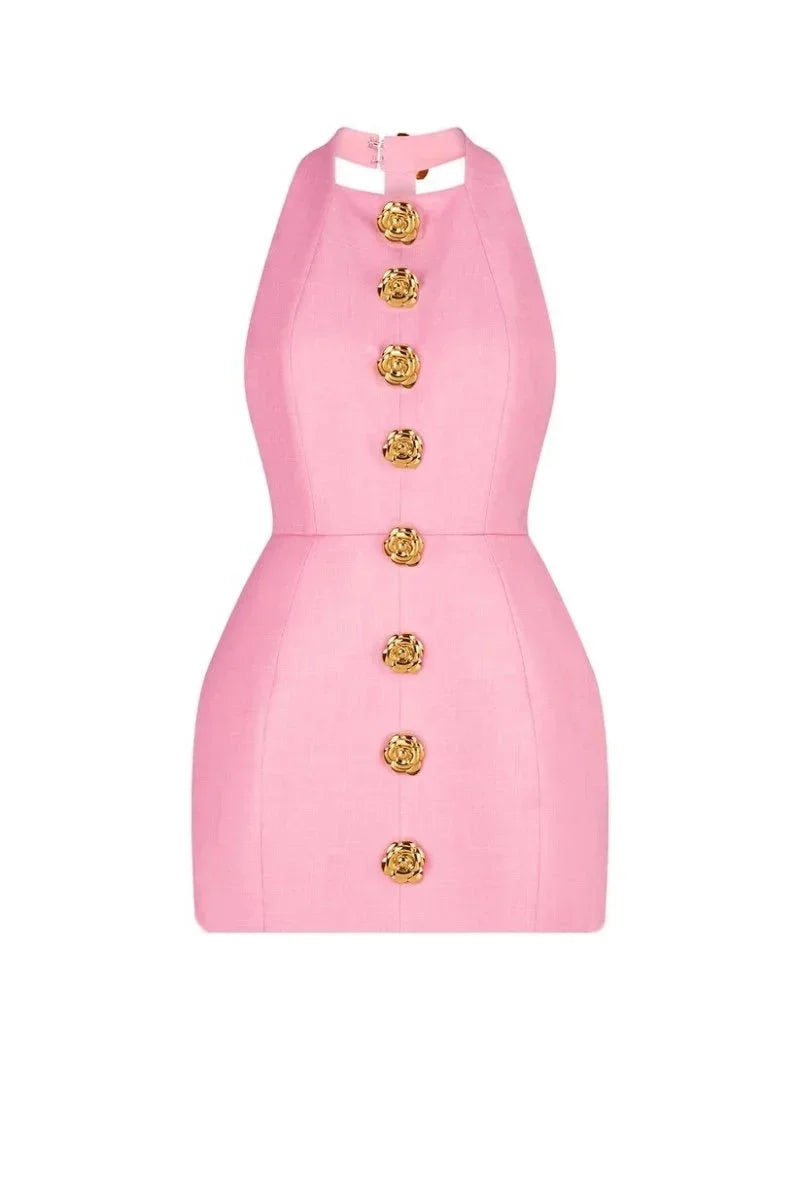 Vestito corto da sera con bottoni decorativi collo halter