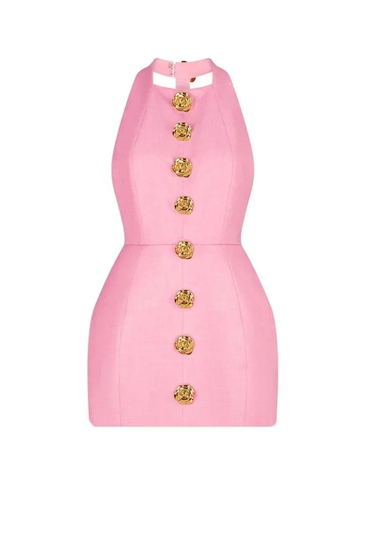 Vestito corto da sera con bottoni decorativi collo halter