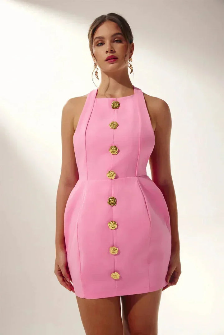 Vestito corto da sera con bottoni decorativi collo halter