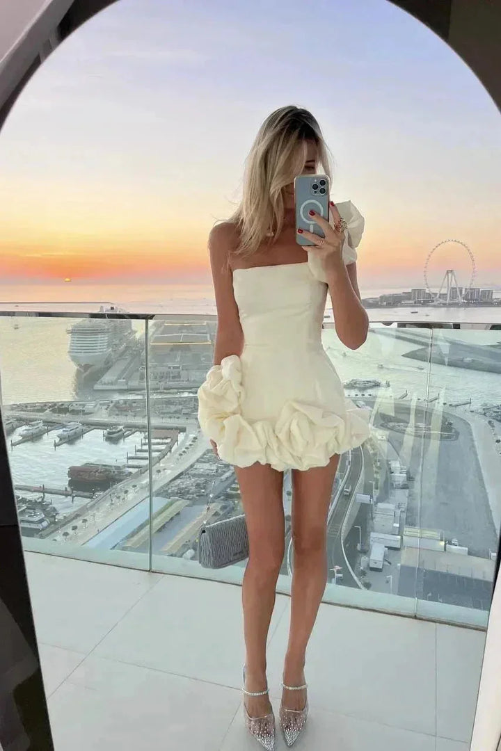 Vestito corto donna bustier con volant per sera