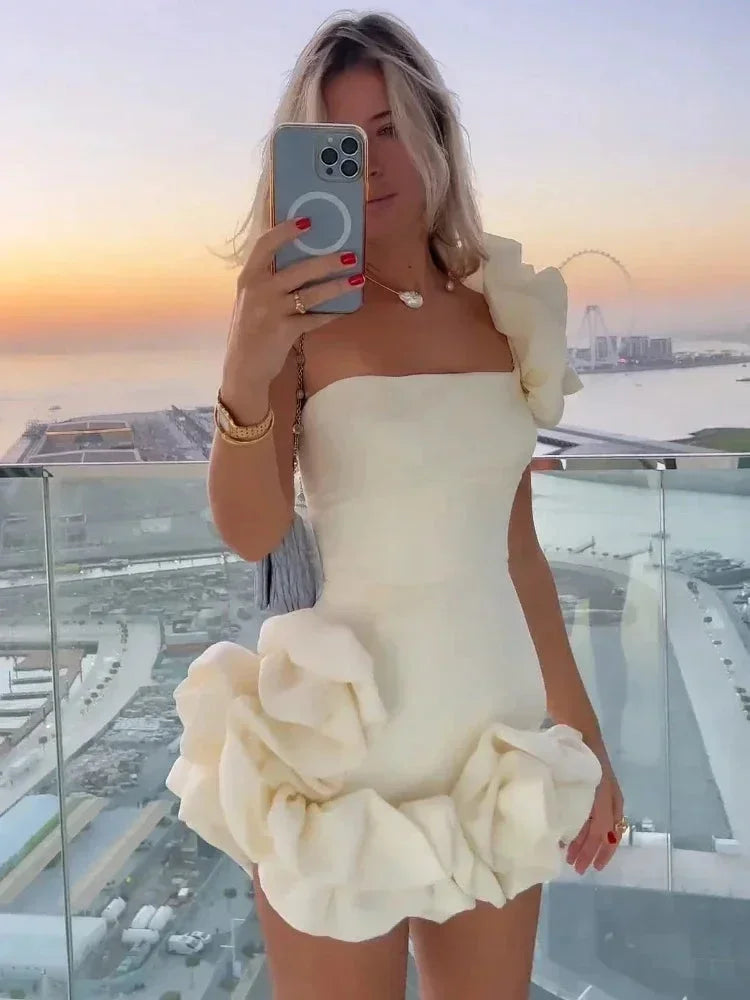 Vestito corto donna bustier con volant per sera
