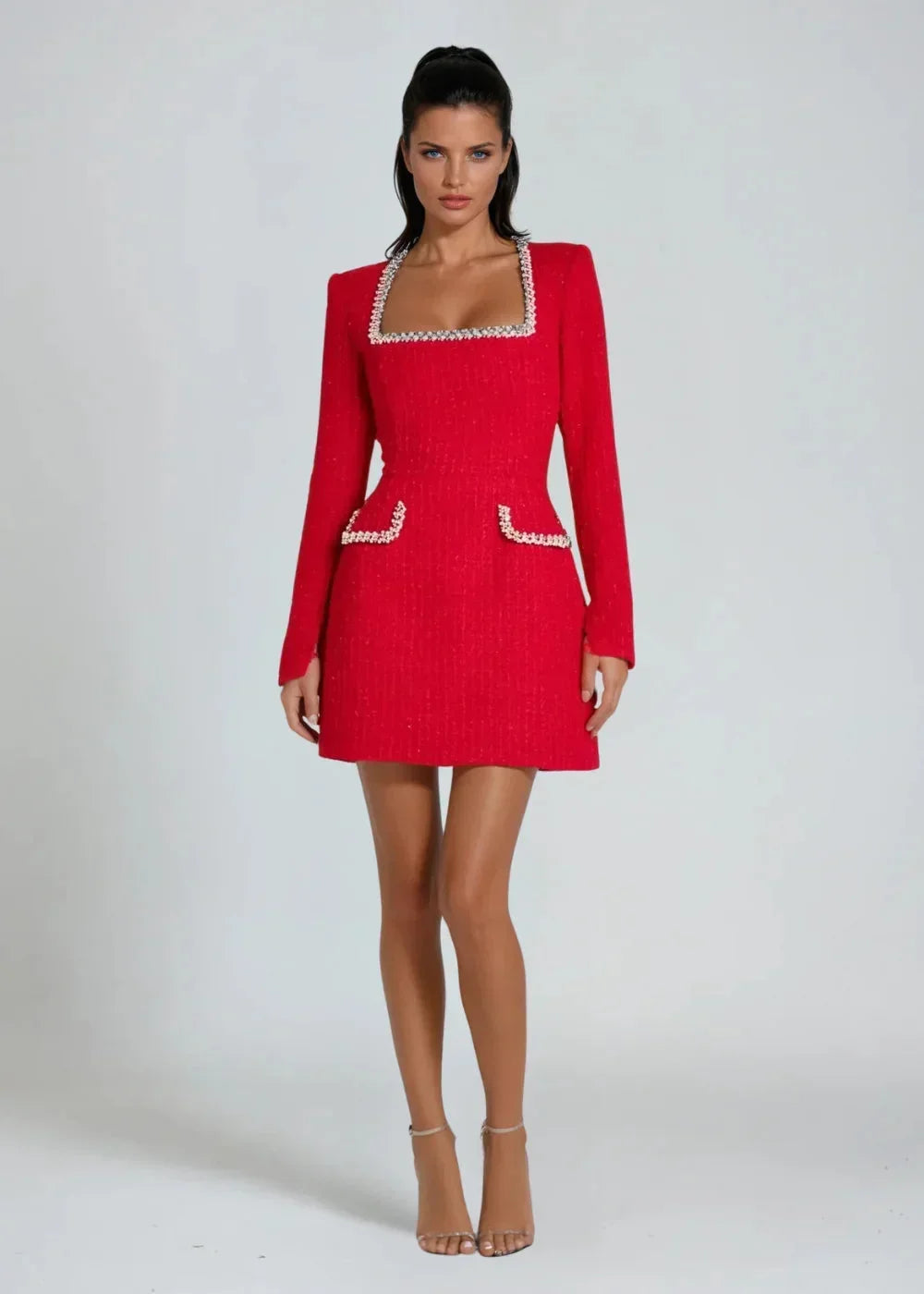 Vestito corto donna scollo quadrato dettagli di perle maniche lunghe