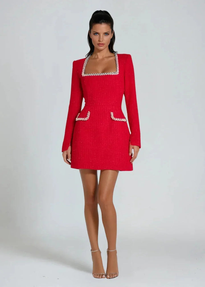 Vestito corto donna scollo quadrato dettagli di perle maniche lunghe