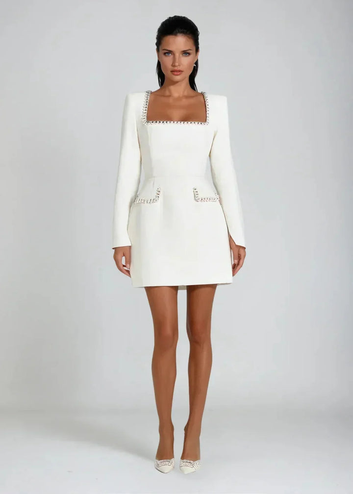 Vestito corto donna scollo quadrato dettagli di perle maniche lunghe