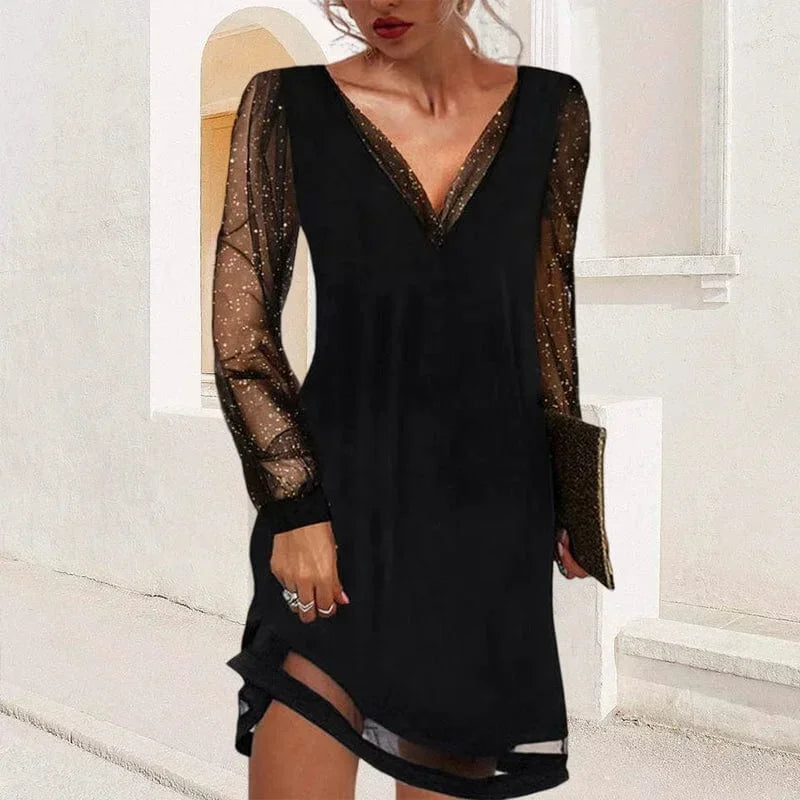Vestito corto donna scollo a V maniche trasparenti da sera