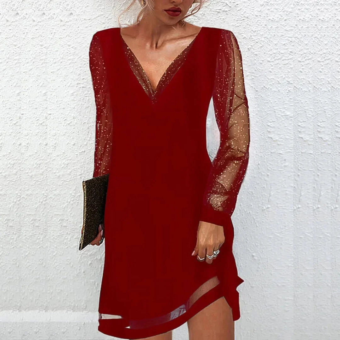 Vestito corto donna scollo a V maniche trasparenti da sera