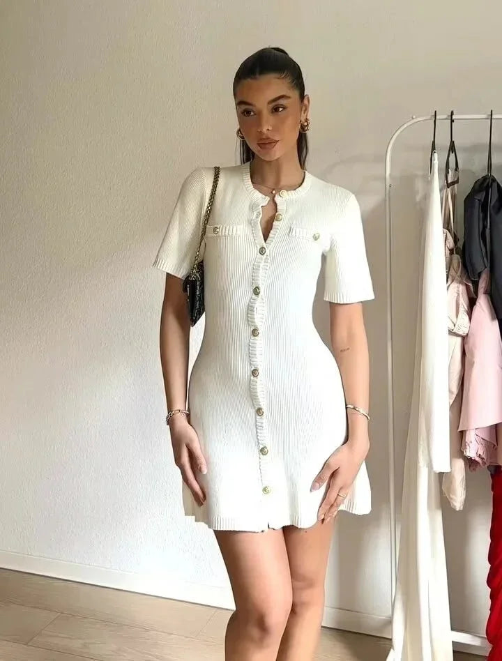 Vestito corto donna a costine con bottoni frontali