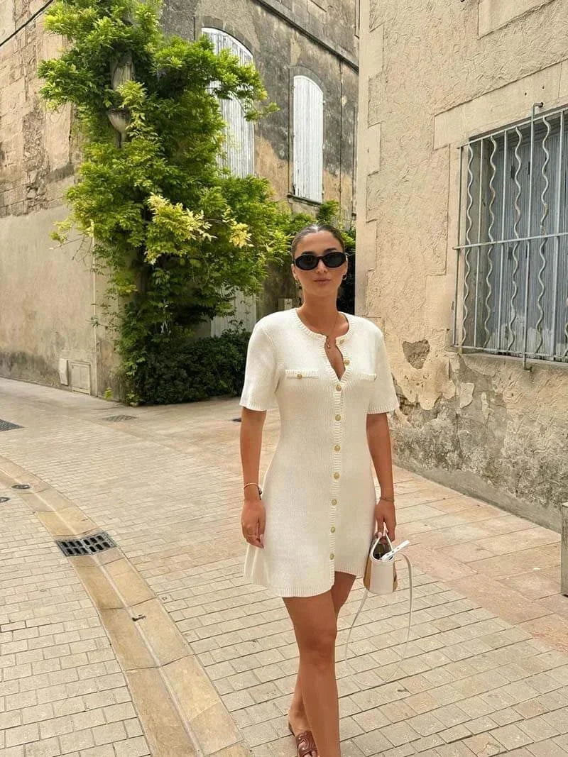 Vestito corto donna a costine con bottoni frontali