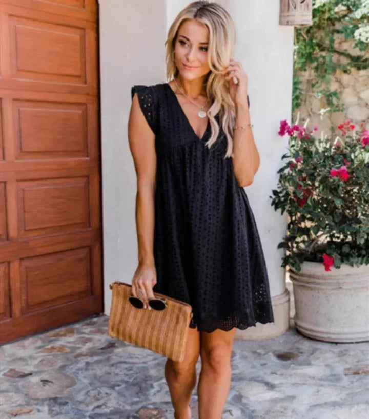 Vestito corto donna in pizzo scollo a V per l'estate