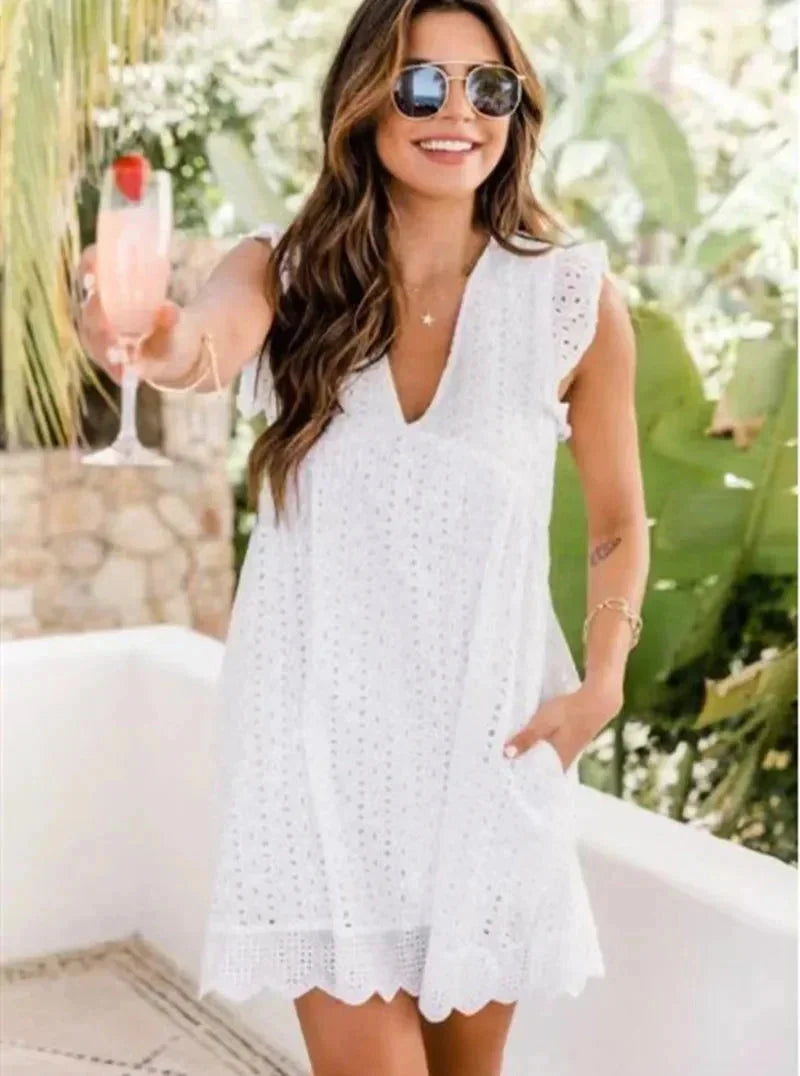 Vestito corto donna in pizzo scollo a V per l'estate