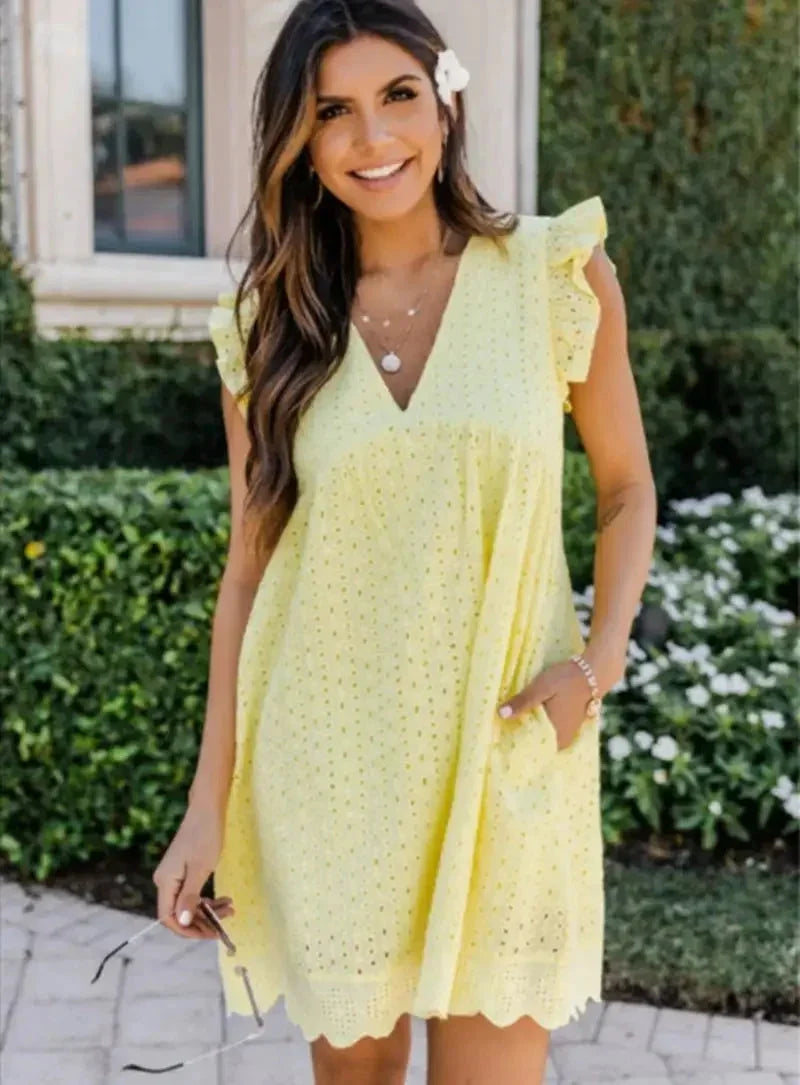 Vestito corto donna in pizzo scollo a V per l'estate