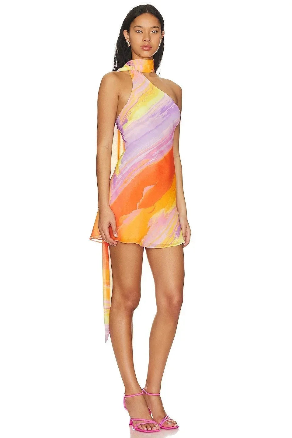Vestito corto donna sfumato arancione collo all'americana asimmetrico