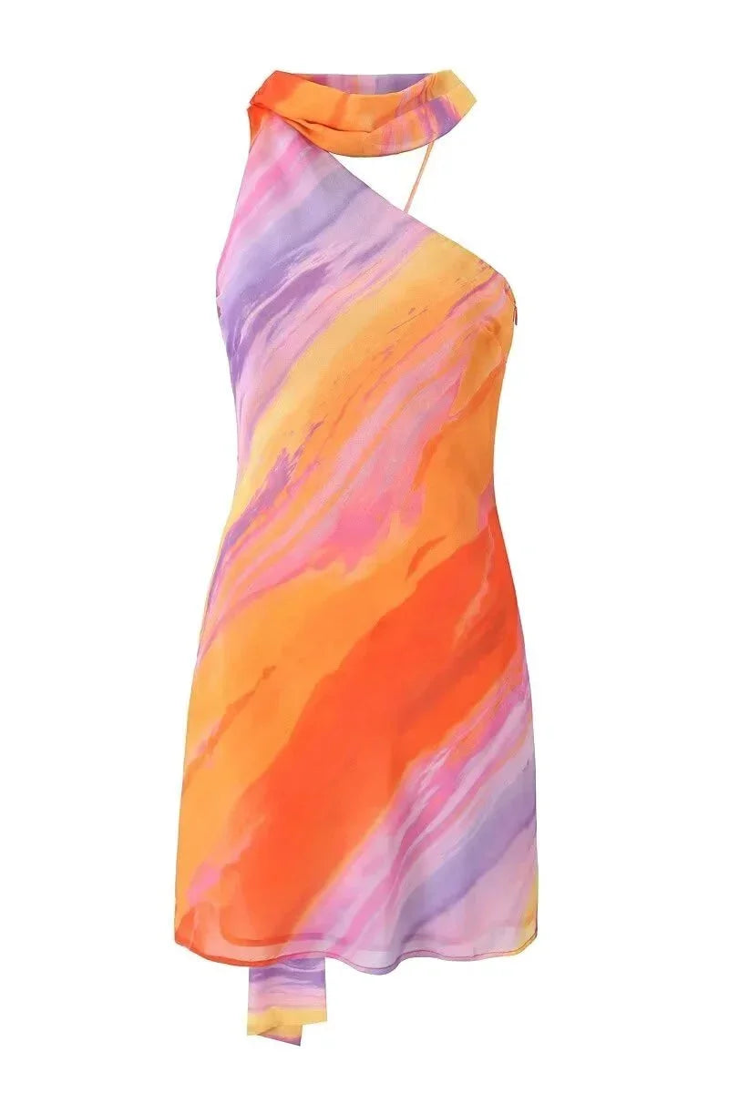 Vestito corto donna sfumato arancione collo all'americana asimmetrico