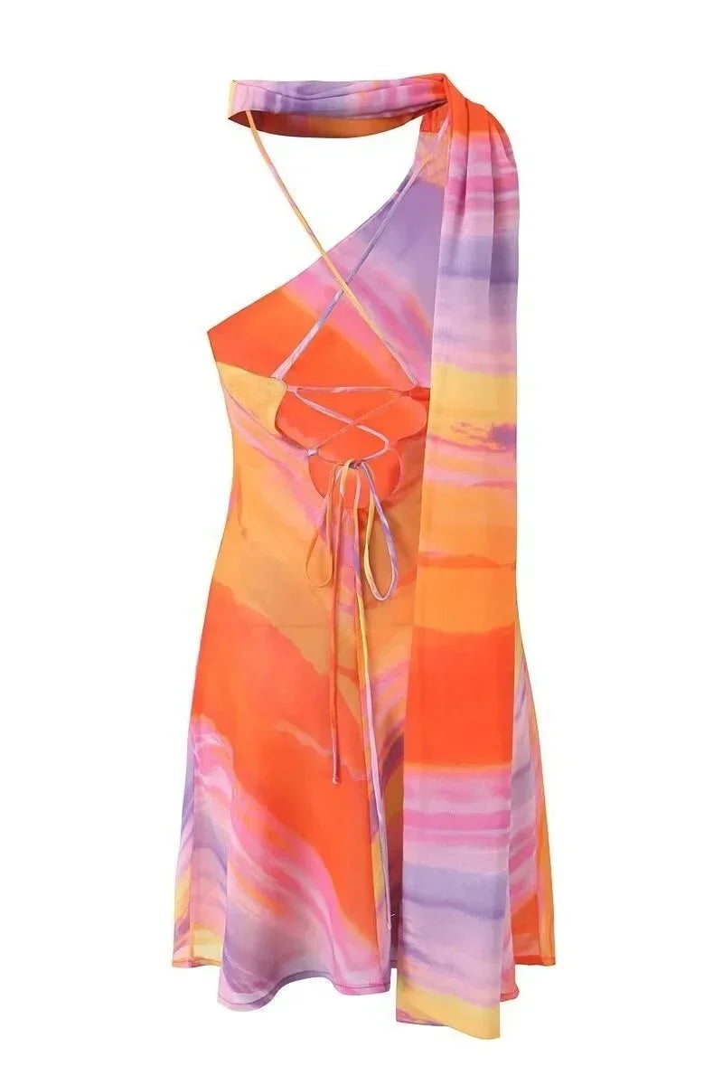 Vestito corto donna sfumato arancione collo all'americana asimmetrico