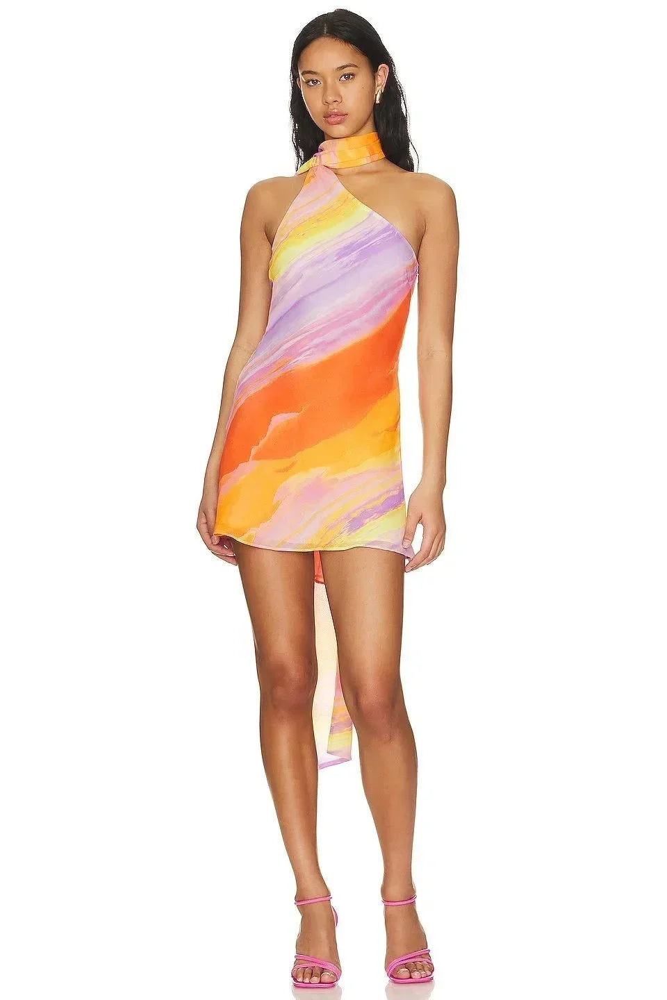 Vestito corto donna sfumato arancione collo all'americana asimmetrico