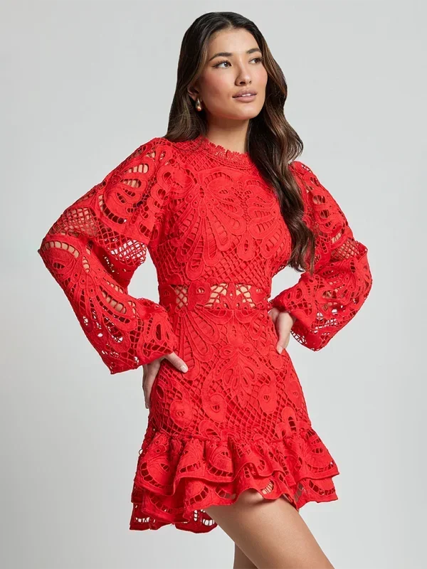 Vestito corto donna in pizzo elegante maniche lunghe da sera