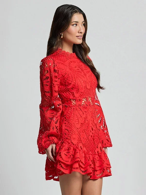 Vestito corto donna in pizzo elegante maniche lunghe da sera