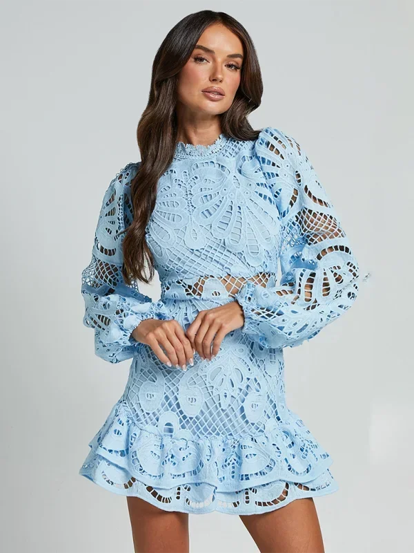 Vestito corto donna in pizzo elegante maniche lunghe da sera