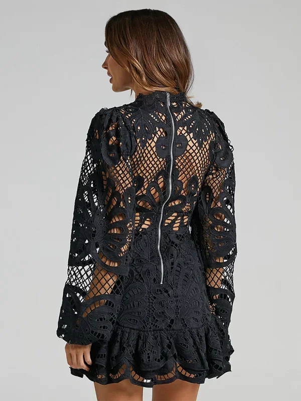 Vestito corto donna in pizzo elegante maniche lunghe da sera