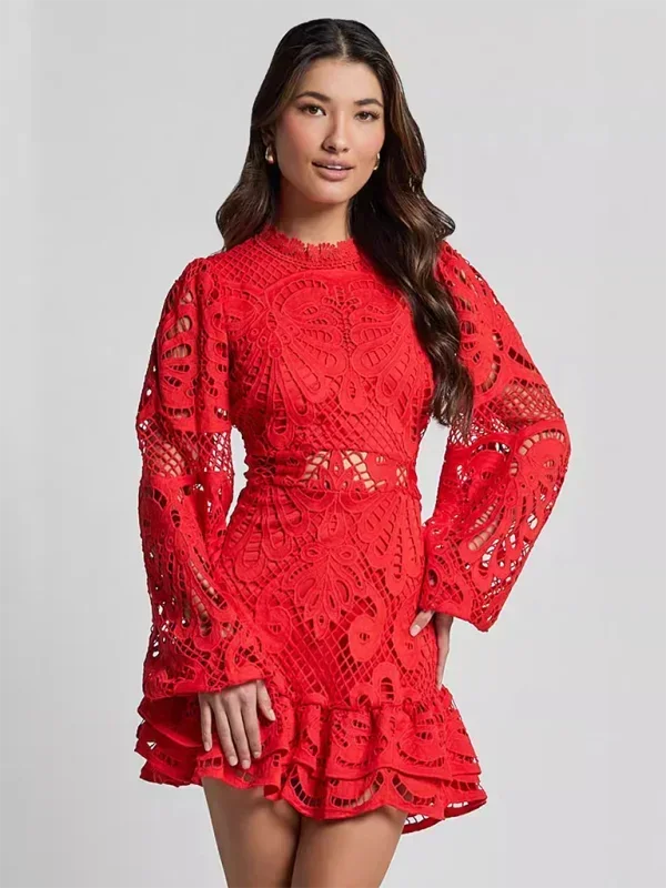 Vestito corto donna in pizzo elegante maniche lunghe da sera