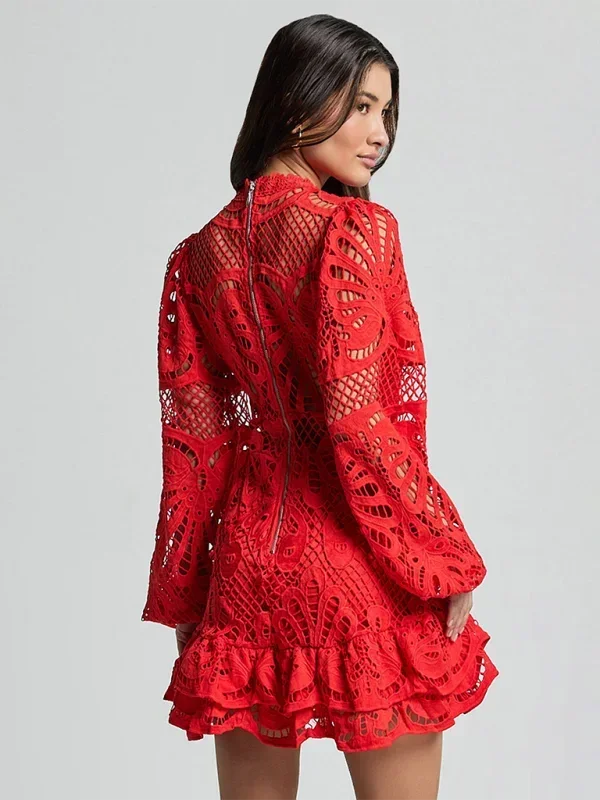 Vestito corto donna in pizzo elegante maniche lunghe da sera