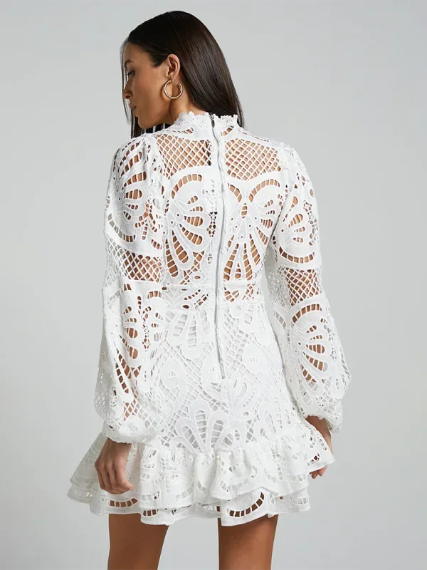 Vestito corto donna in pizzo elegante maniche lunghe da sera