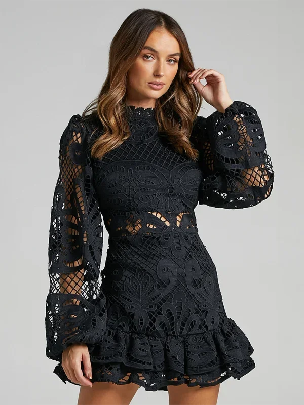 Vestito corto donna in pizzo elegante maniche lunghe da sera