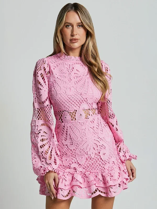 Vestito corto donna in pizzo elegante maniche lunghe da sera