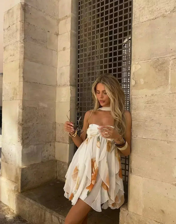 Vestito corto donna bianco con stampa floreale arancione