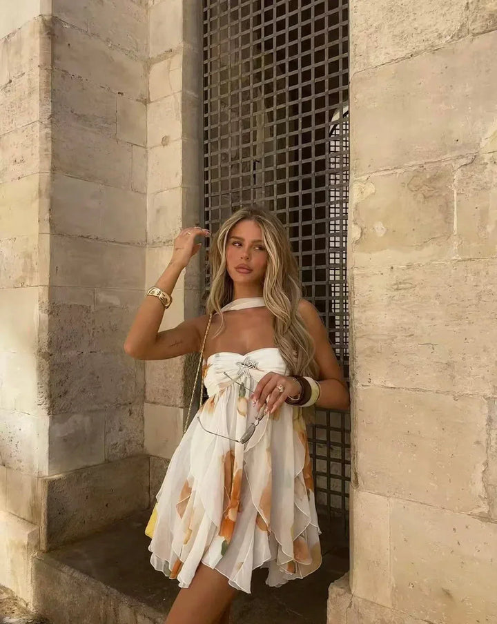 Vestito corto donna bianco con stampa floreale arancione