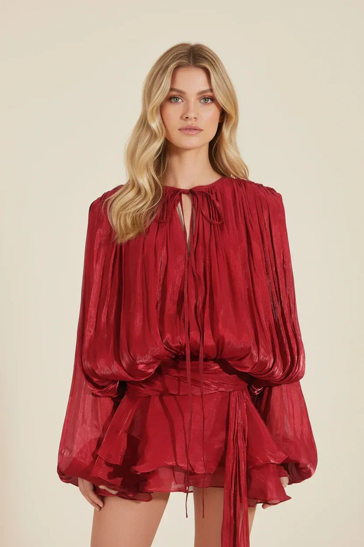 Vestito corto da donna con maniche a palloncino fluide