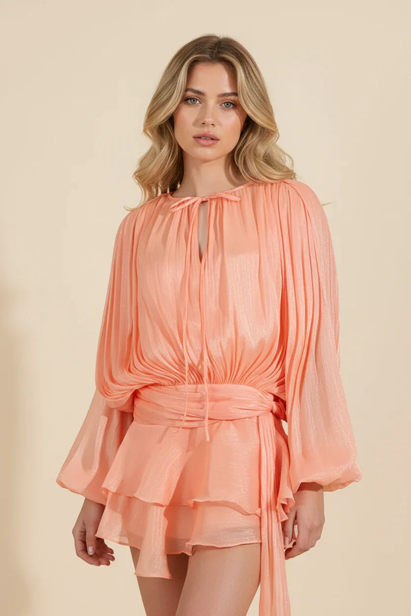 Vestito corto da donna con maniche a palloncino fluide
