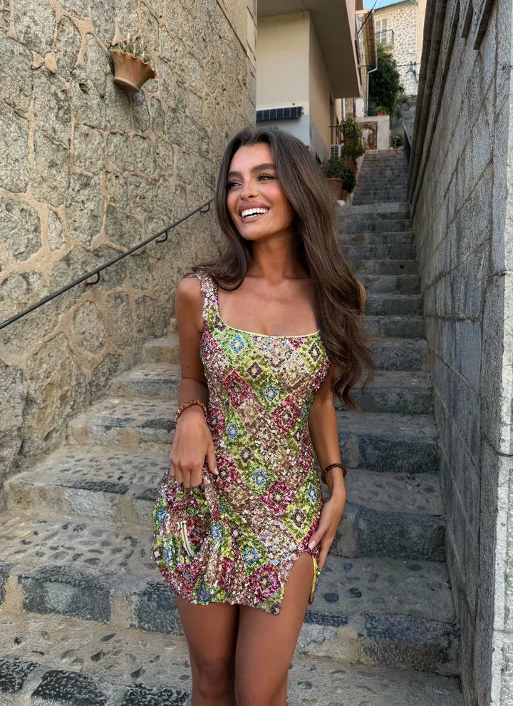 Vestito corto da donna multicolore con paillettes