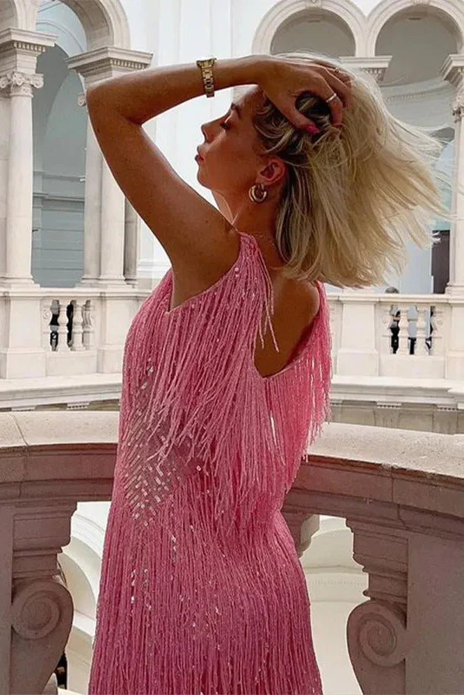 Vestito corto da donna con paillettes e frange