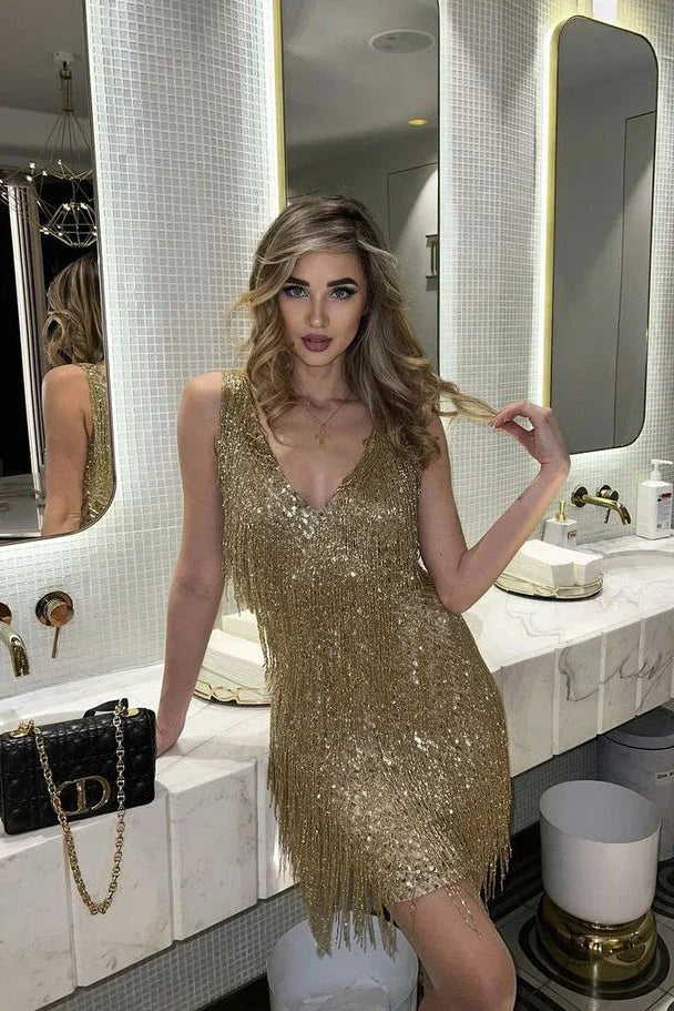 Vestito corto da donna con paillettes e frange
